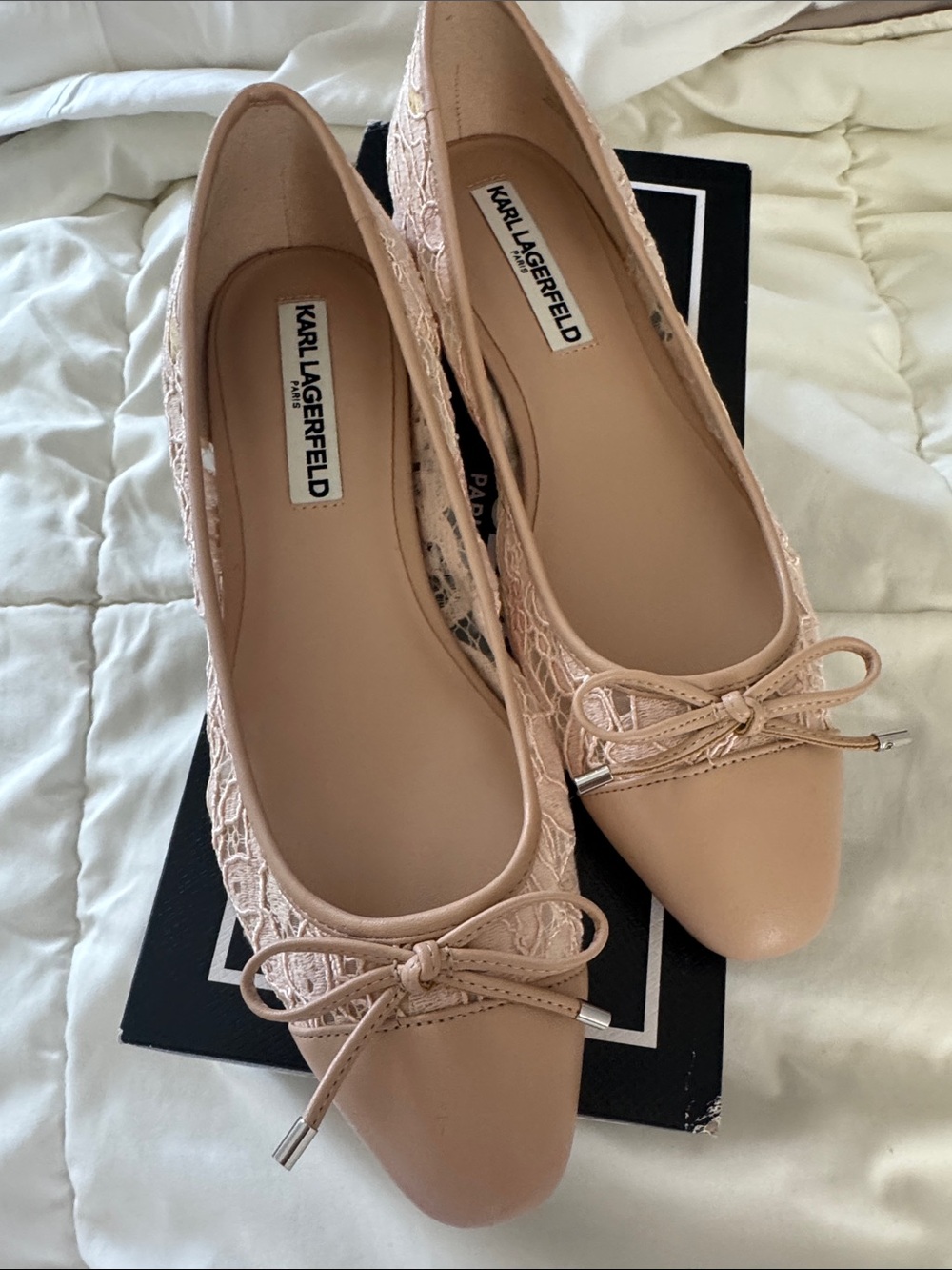 Karl Lagerfeld Blush Lace Pointed-Toe Ballet Flats